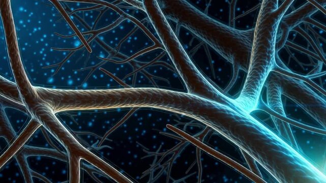 A single detailed neuron's axon shows a vibrant blue and white electrical impulse efficiently traveling along its length.