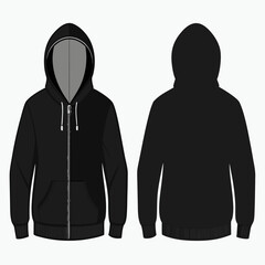 Black hoodie with zipper and drawstrings shown from front and back © Ashiqur