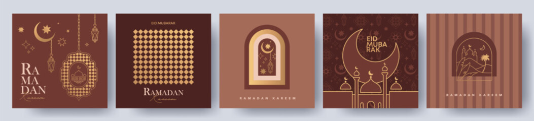 Ramadan Kareem poster, holiday cover set. Islamic greeting card, banner template. Eid Mubarak modern design with geometric pattern in trendy warming brown colors. © Tanya Shulga