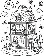 Fototapeta premium Detailed dollhouse with a girl inside, surrounded by trees, butterflies, and clouds