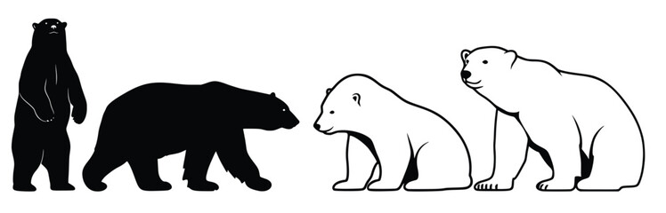 Fototapeta premium Diverse Bear Family: A graphic depiction of bear species, featuring a black bear and polar bears. This illustration showcases the differences.