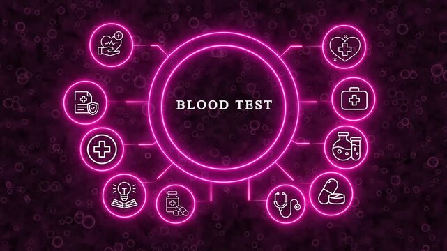 Blood Test Infographic with Medical Icons, Neon Blue Glow, Digital Science Concept, Healthcare Research, Diagnostic Data,Abstract digital infographic illustrating a blood test process with glowing 
