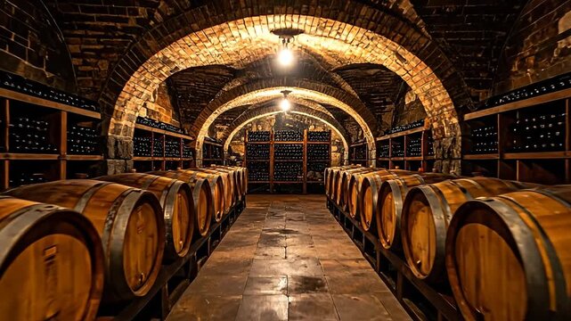 A dimly lit wine cellar with arched brick ceilings, wooden barrels, and shelves filled with bottles