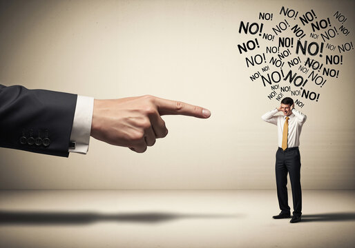 Workplace conflict with a big hand blaming a stressed, anxious businessman.