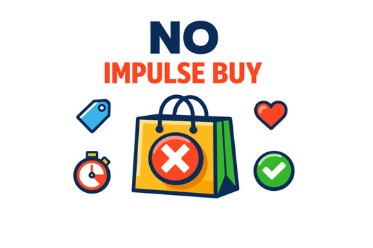No impulse buy concept with shopping bag, cross symbol, and icons