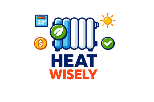 Eco-friendly heating graphic with thermostat and energy efficiency symbols