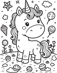 Fototapeta premium Sad unicorn on a hill surrounded by cupcakes and stars with balloons floating