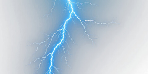 Bright blue lightning bolt striking against a soft white background creating a dramatic visual impact high-key lighting with cutout object