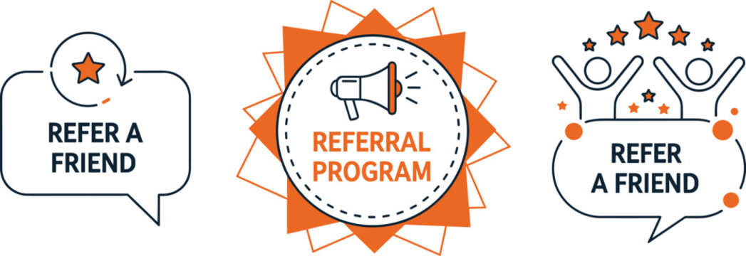 Referral Program and Refer a Friend Badge Set with Megaphone Star and People Icons for Marketing and Rewards Vector Illustration