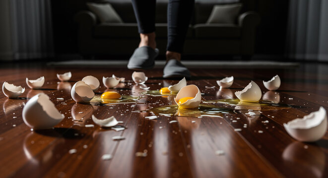 Walking on eggshells metaphor of feet carefully navigating broken eggs, symbolizing anxiety and stress.