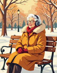 Happy Elderly woman enjoying music on park bench in winter