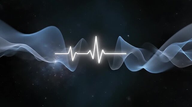 Glowing EKG Heart Rate Monitor Pulsating Over Abstract Flowing Energy Waves in Dark Scientific Background.