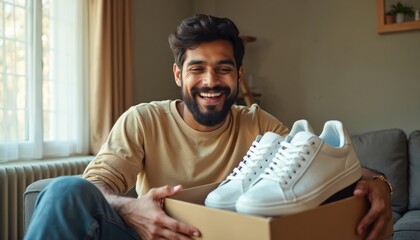 Plakat Happy young Indian man laughs holding new white sneakers. He smiles receiving parcel with shoes for domestic purchase. Guy enjoys new footwear from online store. Satisfaction with delivered gift.