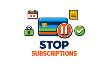 Fototapeta premium Cancel subscriptions icon with payment card, pause button, and security symbols