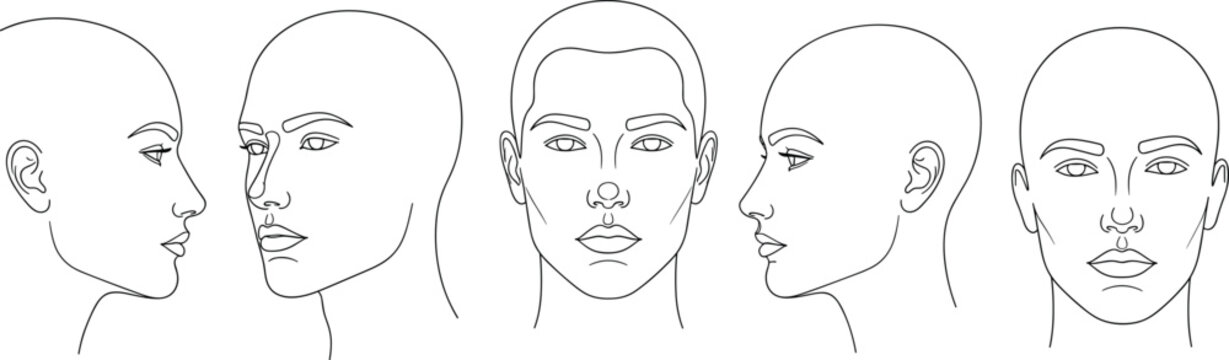 Human Face and Portrait Angle Set with Front View Side Profile and Three Quarter Perspective for Beauty and Anatomy Vector Illustration