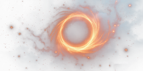 Swirling orange and white abstract design with a central circular shape surrounded by soft ethereal elements isolated on white