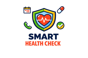 Obraz premium Smart health check logo with shield heart calendar pill phone and checkmark icons