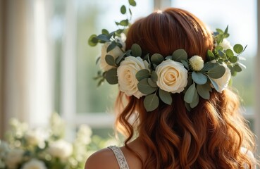 Naklejka premium Redhead bride wears floral wreath. White roses and green leaves adorn her wavy hair. Wedding hairstyle closeup shot with soft natural light.