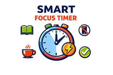Obraz premium Smart focus timer for productivity with book, coffee, smartphone, and checklist icons