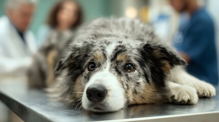 Dog lying on a veterinary table with a veterinarian and the owner nearby during a medical checkup.
Concept: Veterinary care, pet health, animal welfare, medical examination, responsible pet ownership