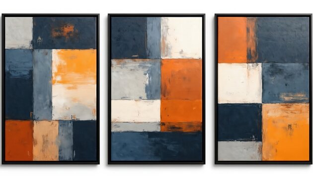 Abstract triptych art with geometric blocks of deep blue, warm orange, neutral tones. Textured brushstrokes create dynamic modern composition suitable for contemporary interiors, graphic design.