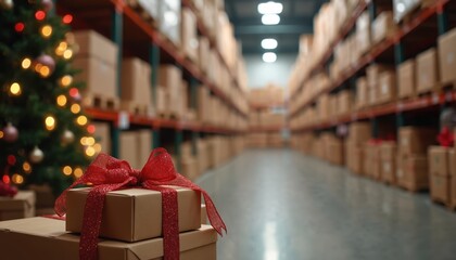 Fototapeta premium Stacks of gift boxes wrapped with red ribbon sit in a warehouse aisle beside a decorated Christmas tree. Tall shelves filled with cardboard packages extend into distance.