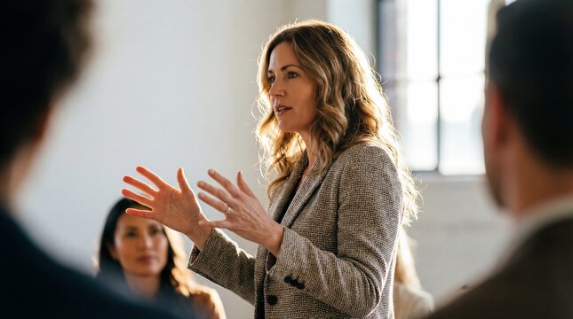 Confident woman speaking in meeting businesswoman presentation public speaking office seminar professional leader