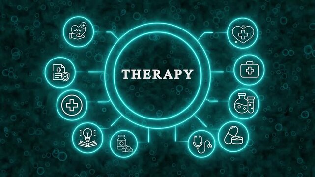 Therapy and Healthcare Icons Connected in Circle Neon Light, Medical Concepts, Mental Health Support, Digital Health Technology,Abstract neon light circles connect various healthcare and therapy icons