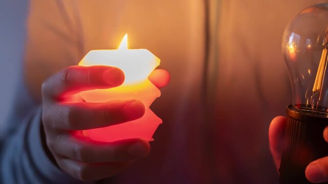 A man holds a burning candle and a light bulb in his hands.. Power outages in Ukraine and Russia due to war.	