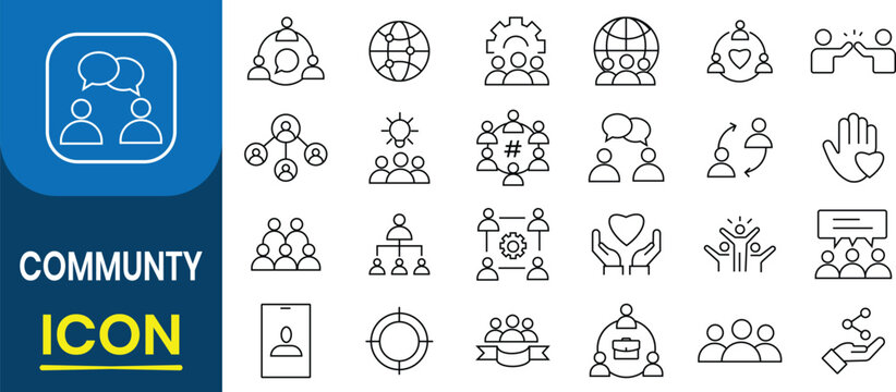 Community line icons set collection. Outline icon of people, teamwork, team, partnership, friends, together, family, human, team, community and more. Vector illustration.