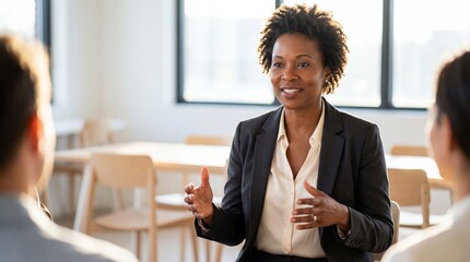 Confident businesswoman speaking in light filled modern meeting room with attentive colleagues, smiling and using hand gestures to explain idea, professional communication and leadership