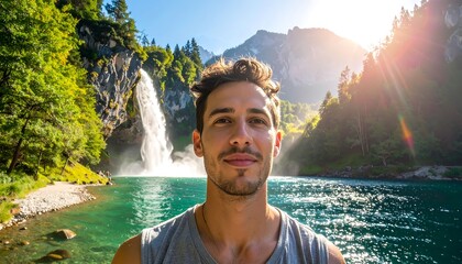 Young man in front of waterfall.