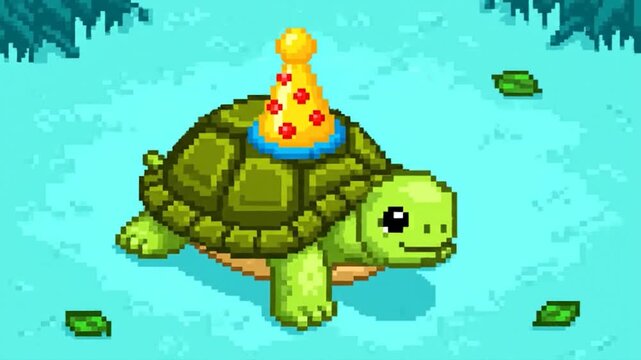 A pixelated turtle wearing a birthday hat, floating on a light blue background. Several green leaves are scattered around