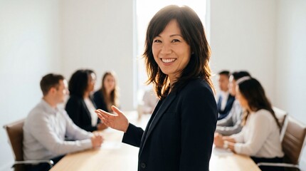Smiling businesswoman in navy blazer leading meeting with diverse team in bright conference room, confident and approachable while presenting ideas to colleagues
