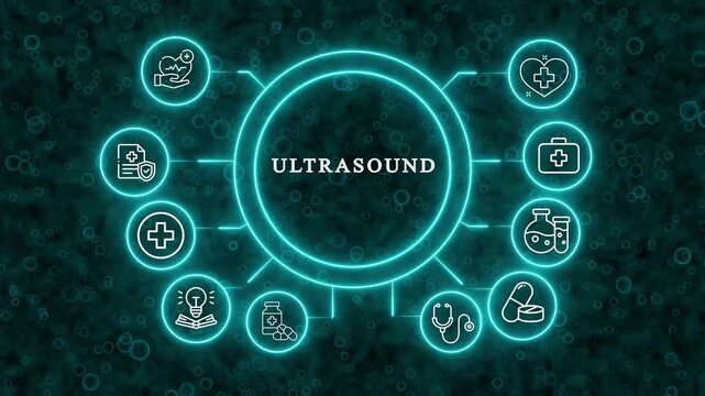 Ultrasound Technology Concept: Medical Icons Network, Neon Glow, Healthcare Innovation, Digital Diagnostics, Science Research,Abstract digital visualization of ultrasound technology and healthcare inn