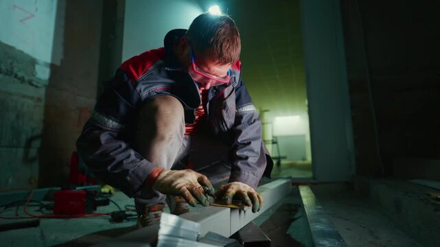 aluminum piece carefully positioned, worker precisely arranges aluminum frame at site, technician meticulously places aluminum component under lighting conditions