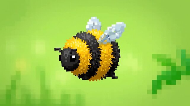 Pixelated illustration of a flying bumblebee. Yellow and black striped body. Green background