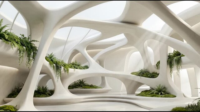 Ethereal sunlight streaming into a futuristic organic building lobby, showcasing sleek, white parametric architecture integrated with vibrant green plants for a harmonious, eco friendly design