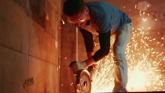 white renovator cutting metal beam beside concrete wall, sparks cascading onto floor, wearing goggles and gloves, gritty interior renovation action with hands-on focus