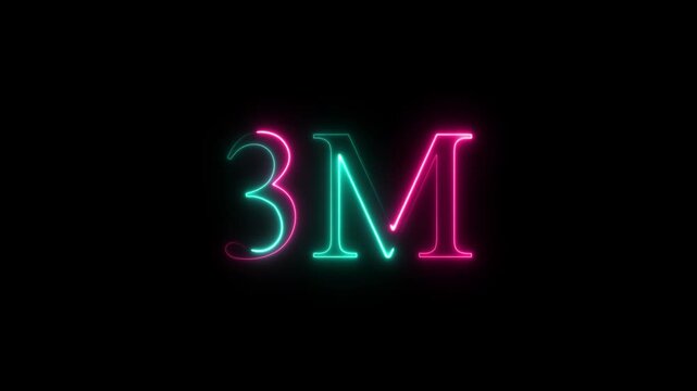 Glowing neon line 3M text icon animation on a black background,with 4k video animation.