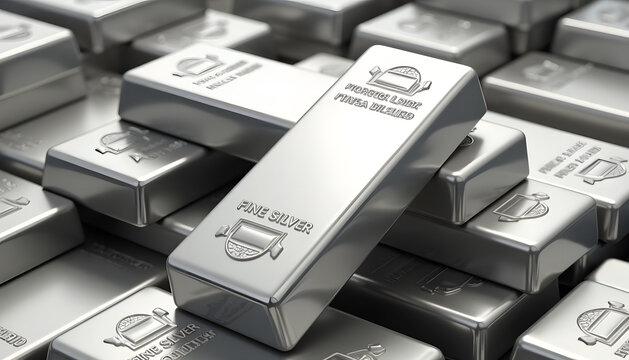 Stack of shiny silver bars with fine silver inscription, representing wealth and investment