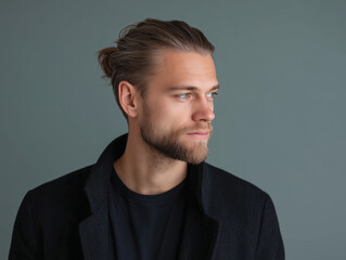 Fototapeta premium Young man with beard and tied hair wearing black coat looking away thoughtfully on gray background