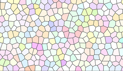 Abstract mosaic tile pattern with soft pastel geometric shapes. Modern stained glass aesthetic with multicolored polygon pieces and minimalist artistic white backdrop.