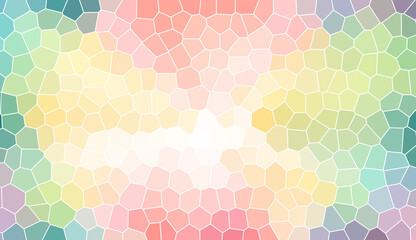 Abstract mosaic tile pattern with soft pastel geometric shapes in rainbow colors. Modern stained glass aesthetic with bright airy center and minimalist artistic backdrop.