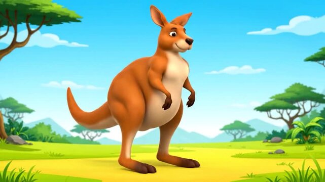 Cartoon illustration of a kangaroo jumping against the background of a blue sky and grassy field
