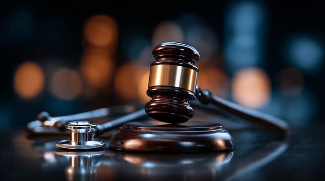 Judge gavel and stethoscope on reflective surface symbolizing wrongful death legal claim and medical negligence consequence.