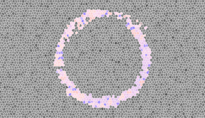 Abstract digital grain texture with circular pink and blue particle ring. Modern minimalist stipple pattern with glowing ring element on gray textured background.