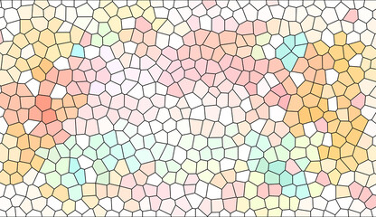 Abstract pastel mosaic tile pattern with colorful geometric shapes. Modern stained glass aesthetic with soft peach, yellow, and mint tones and minimalist artistic backdrop.