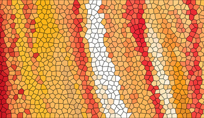 Abstract mosaic tile pattern with warm orange, red, and yellow geometric shapes. Modern stained glass aesthetic with vibrant vertical color flow and minimalist artistic backdrop.