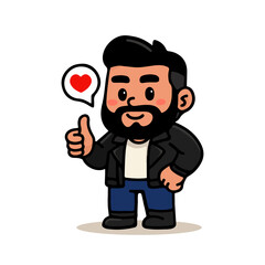Happy biker man cartoon illustration. Bearded man wearing leather jacket showing thumbs up with heart symbol.